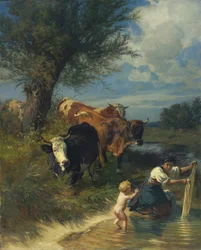 Vaches et blanchisseuse au ruisseau